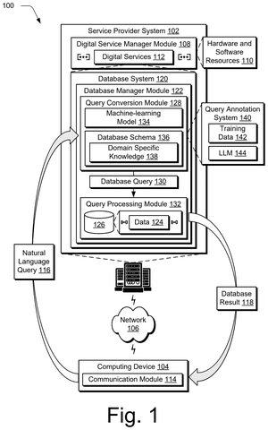 Adobe Patents a System That Teaches Itself to Turn Plain English Into Database Commands patent drawing, sheet 1