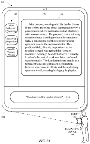 Google Patents a Way to Tap Pieces of an AI Answer for Instant Follow-Up Detail patent drawing, sheet 1