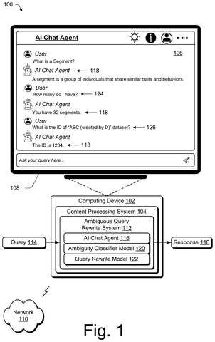 Adobe Patents an AI That Rewrites Your Vague Chatbot Questions Before Sending Them patent drawing, sheet 1