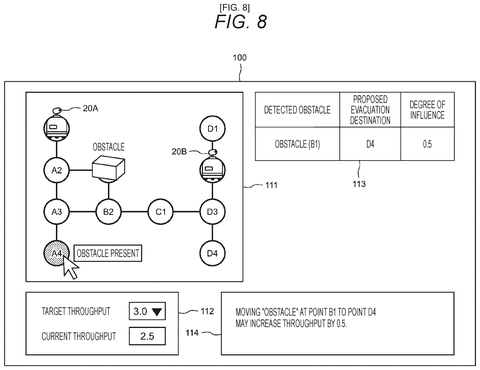 Dashboard displaying obstacle relocation suggestion, drawing sheet 8 from US 2026/0236030 A1