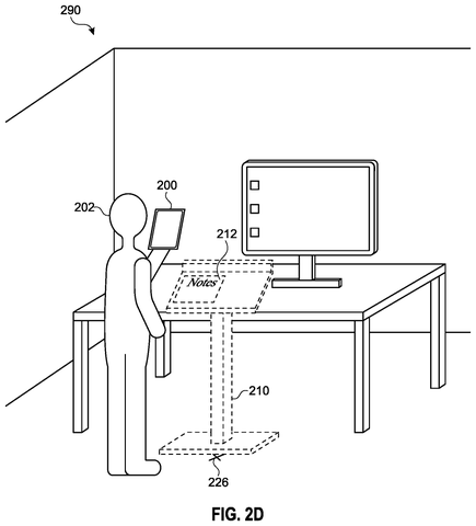 Person reviewing notes at standing desk, drawing sheet 6 from US 2026/0236090 A1