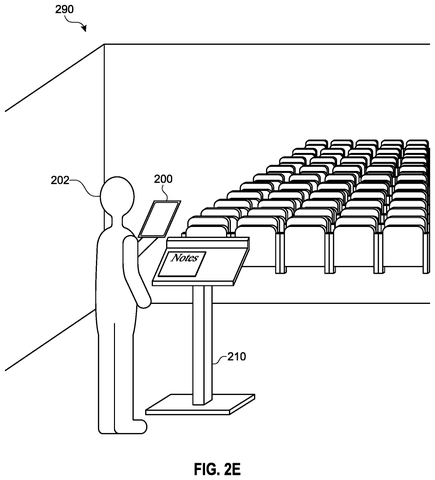 Person presenting before auditorium seating, drawing sheet 7 from US 2026/0236090 A1