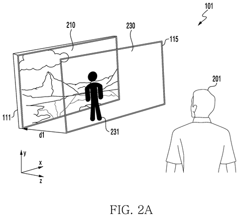 User viewing dual-screen setup at first distance, drawing sheet 2 from US 2026/0236210 A1