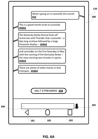 Smartphone displaying streaming artificial intelligence answers, drawing sheet 6 from US 2026/0236495 A1