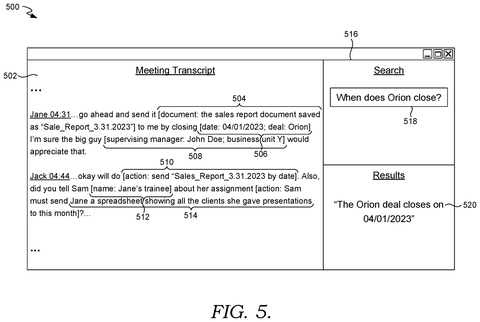 Meeting transcript search interface, drawing sheet 5 from US 2026/0236678 A1