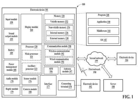 Electronic device hardware block diagram, drawing sheet 1 from US 2026/0236705 A1