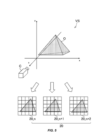 Virtual camera capturing 3D objects into frames, drawing sheet 5 from US 2026/0237022 A1