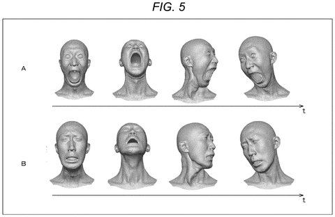 Three-dimensional head models showing facial expressions and neck movements over time., drawing sheet 5 from US 2026/0237134 A1