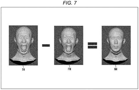 Visual subtraction of a facial expression mesh from a training mesh to isolate the neck., drawing sheet 7 from US 2026/0237134 A1