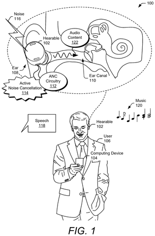 Wearer using wireless earbuds outdoors, drawing sheet 1 from US 2026/0237372 A1