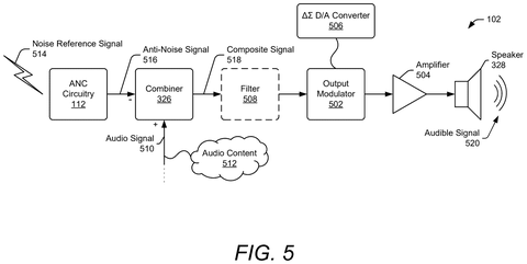 Signal path for active noise cancellation, drawing sheet 5 from US 2026/0237372 A1