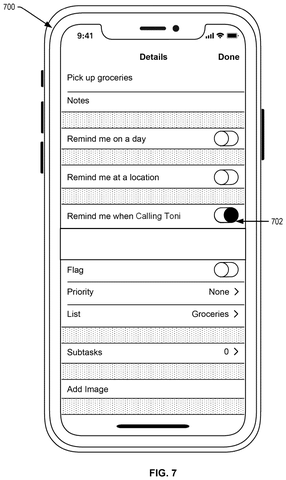 Contact-tied reminder settings menu, drawing sheet 7 from US 2026/0238716 A1