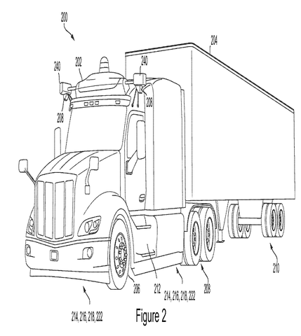 Exterior of a semi-truck, drawing sheet 2 from US 2026/0241907 A1