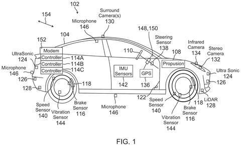 Vehicle sensor system layout diagram, drawing sheet 1 from US 2026/0241949 A1