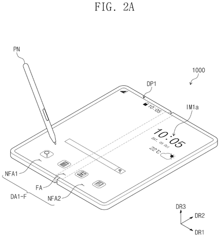 Foldable touchscreen device with stylus, drawing sheet 2 from US 2026/0244290 A1
