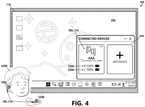 Dashboard showing connected device battery levels, drawing sheet 4 from US 2026/0244580 A1