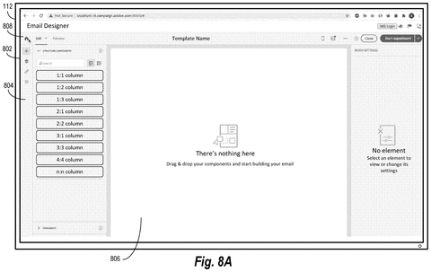 Email designer interface empty state, drawing sheet 8 from US 2026/0244924 A1