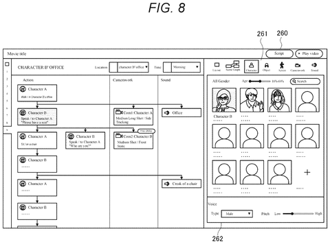 Character and voice selection menu, drawing sheet 8 from US 2026/0245323 A1