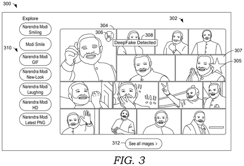 Search interface displaying flagged media, drawing sheet 3 from US 2026/0245390 A1