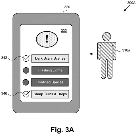 Guest mobile device showing ride warnings, drawing sheet 3 from US 2026/0245439 A1