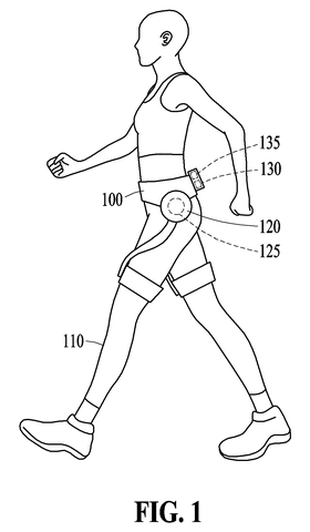 Wearable walking-assistance device in use, drawing sheet 1 from US 2026/0245993 A1