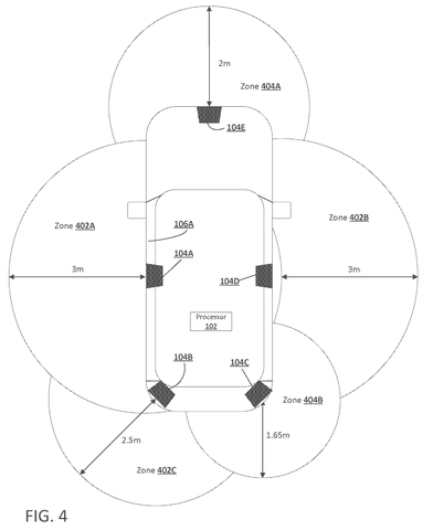 Vehicle with varied detection zones., drawing sheet 4 from US 2026/0249814 A1