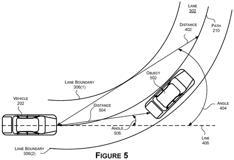 Vehicle, path, and object in lane., drawing sheet 5 from US 2026/0249886 A1