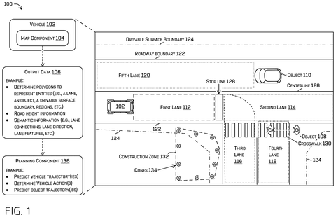 Autonomous vehicle navigating mapped city streets, drawing sheet 1 from US 2026/0249887 A1