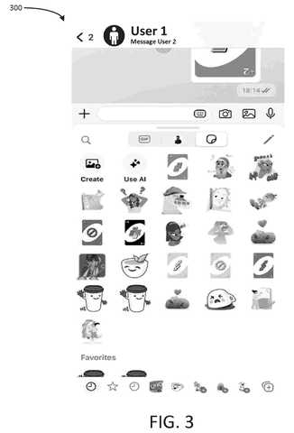 Messaging app sticker selection interface, drawing sheet 3 from US 2026/0252210 A1