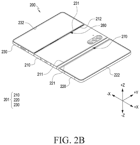 Foldable phone, partially open., drawing sheet 3 from US 2026/0252296 A1