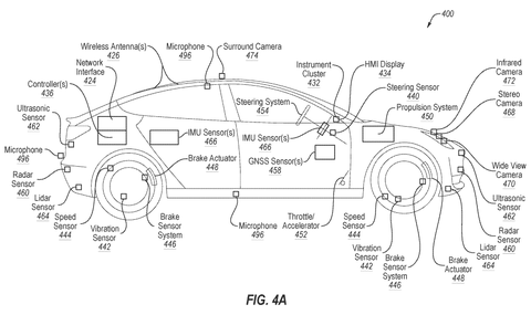 Side view of autonomous car sensors, drawing sheet 4 from US 2026/0252449 A1