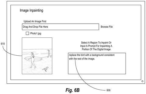 Prompt-driven image inpainting interface, drawing sheet 7 from US 2026/0253186 A1