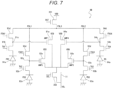 Four-pixel sharing circuit diagram, drawing sheet 7 from US 2026/0255081 A1