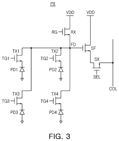 Four-photodiode pixel circuit schematic, drawing sheet 3 from US 2026/0255086 A1