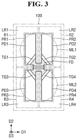 Four-pixel sensor layout with shared nodes, drawing sheet 3 from US 2026/0255704 A1
