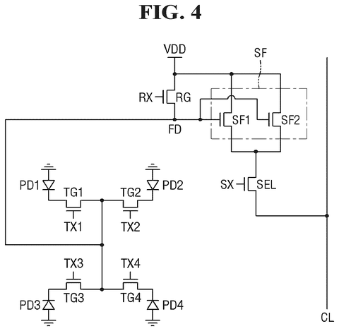 Circuit diagram with shared source follower, drawing sheet 4 from US 2026/0255704 A1
