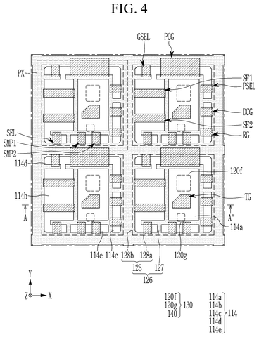 Layout of pixel transistors and contacts, drawing sheet 4 from US 2026/0255715 A1