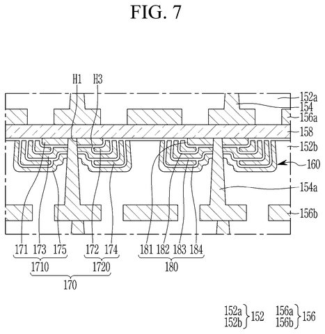 Layered cross-section with contact vias, drawing sheet 7 from US 2026/0255715 A1