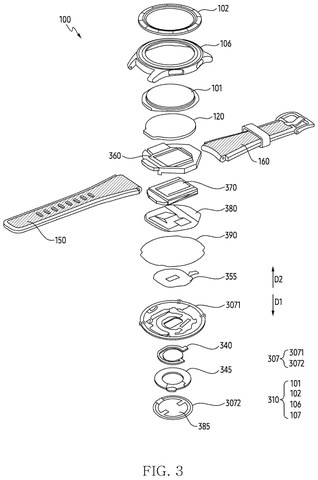 Exploded view of smartwatch components., drawing sheet 3 from US 2026/0259581 A1