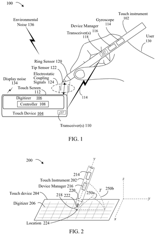 Stylus interacting with a touch device, drawing sheet 1 from US 2026/0259616 A1
