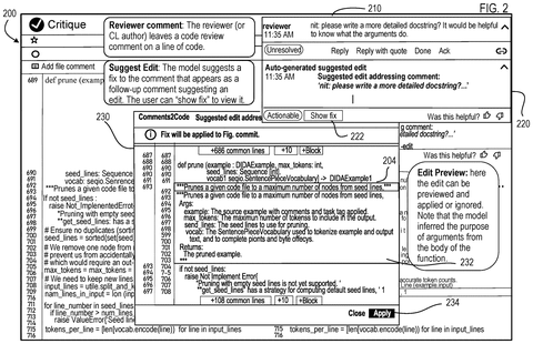 AI code review interface, drawing sheet 2 from US 2026/0259729 A1
