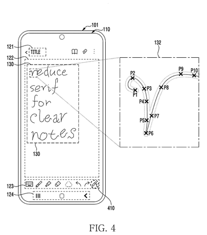 Smartphone display with detailed stroke points., drawing sheet 4 from US 2026/0260053 A1
