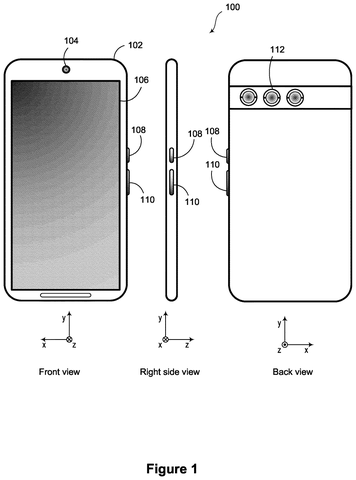 Smartphone front, side, and back., drawing sheet 1 from US 2026/0261760 A1
