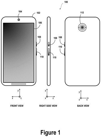 Smartphone front, side, and back., drawing sheet 1 from US 2026/0267773 A1