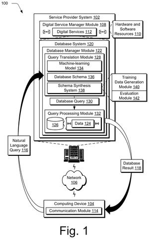 System translates plain-English database questions., drawing sheet 1 from US 2026/0267853 A1