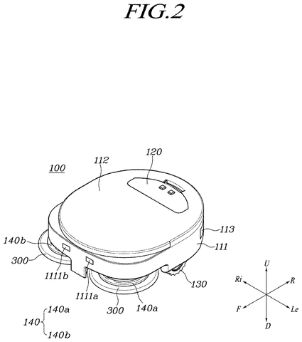 Robot vacuum cleaner, top view, drawing sheet 2 from US 2026/0272250 A1