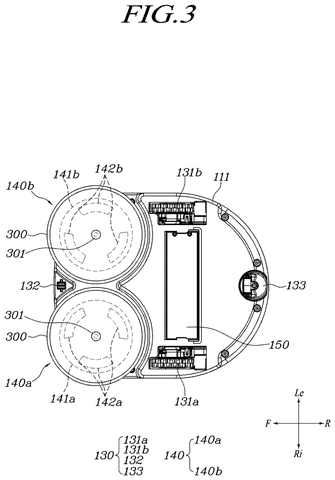 Robot vacuum cleaner, bottom view, drawing sheet 3 from US 2026/0272250 A1