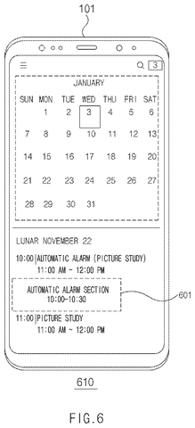 Smartphone calendar with alarm section, drawing sheet 6 from US 2026/0277167 A1