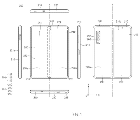 Unfolded foldable phone, multiple views., drawing sheet 1 from US 2026/0277273 A1