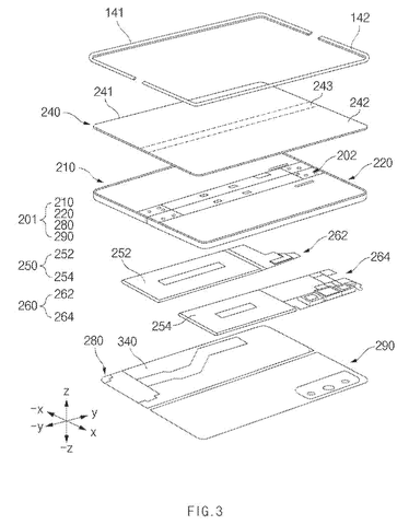 Exploded view, foldable phone components., drawing sheet 3 from US 2026/0277273 A1